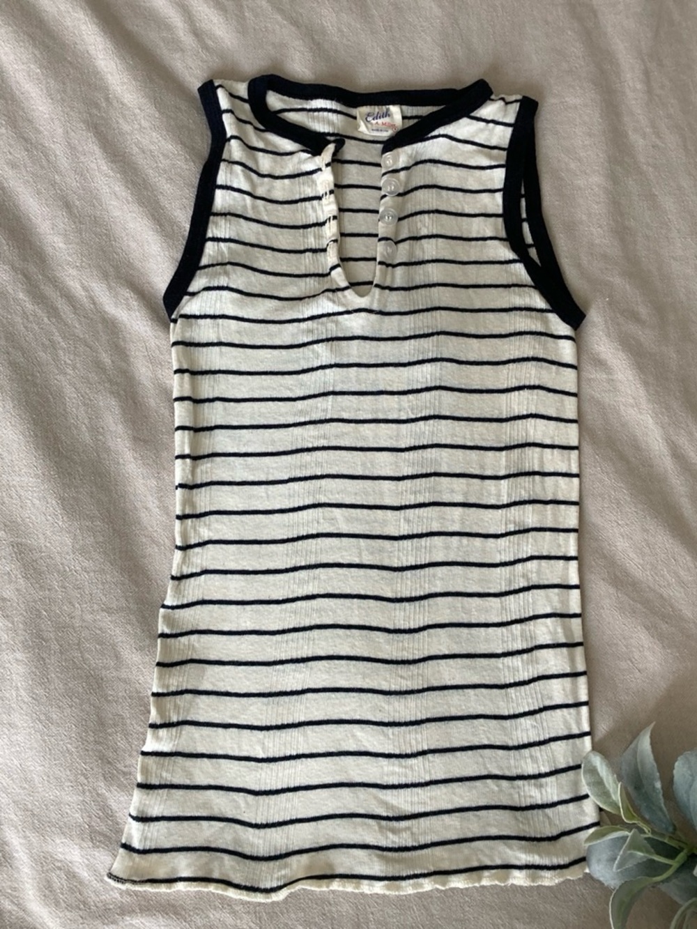 Women’s Sleeveless Striped Henley Tank - White & Navy